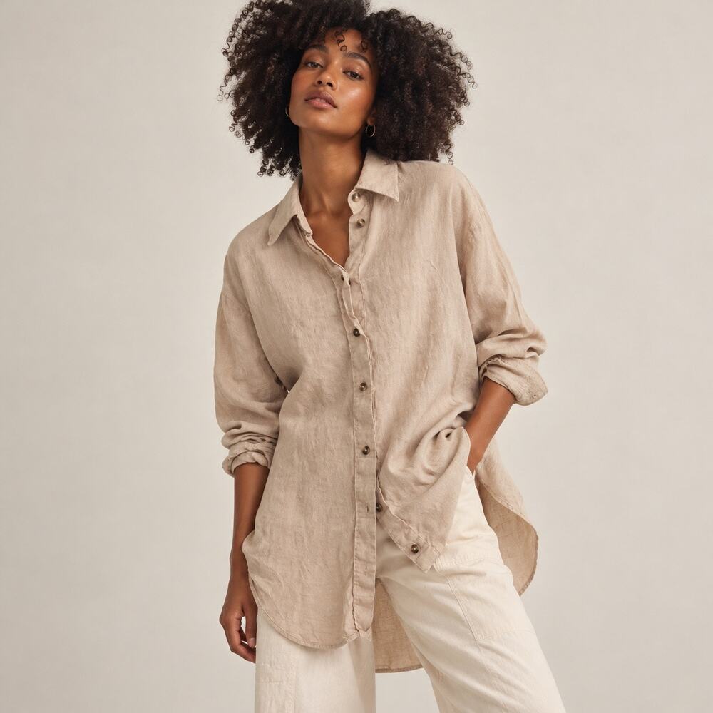 COS Beige Linen Oversized Button Down Shirt Tunic Minimalist Scandi Layer Basic